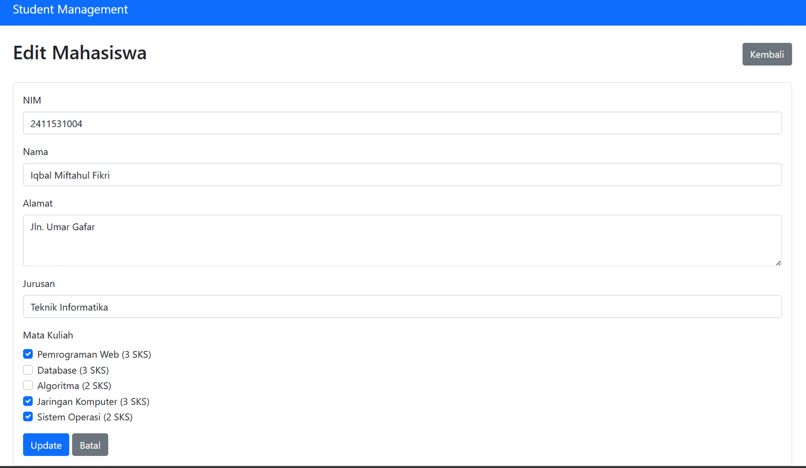 Output edit mahasiswa